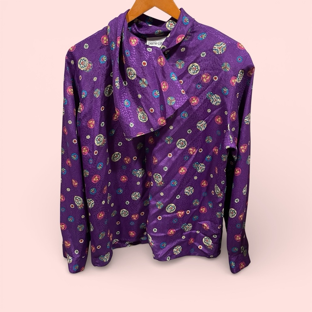 Beautiful vintage 80s Pierre Cardin royal purple silky eggs blouse scarf neck